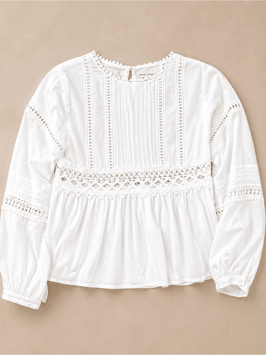 Moon River Tops - Moon River White Lace-Trim Pintuck Peasant Top